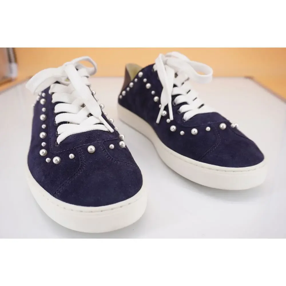 Stuart Weitzman Super Stud Blue Suede Beaded Flat Sneakers Size 9 New $350